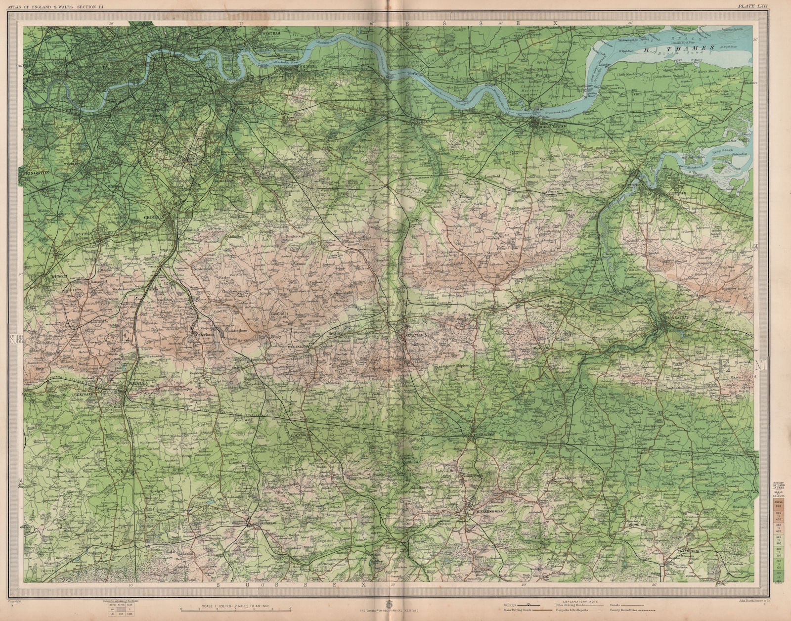 SOUTH LONDON & NORTH DOWNS. Chatham Tonbridge Maidstone. Kent Surrey 1903 map